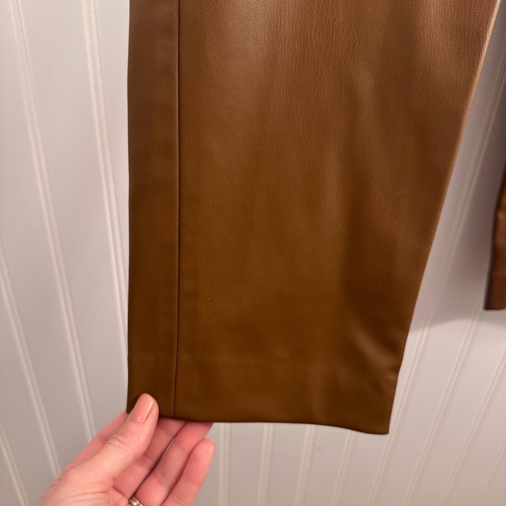 ZARA Faux Leather Straight Leg Pleated High Waist Pants Brown Women’s Size Small - Picture 8 of 15